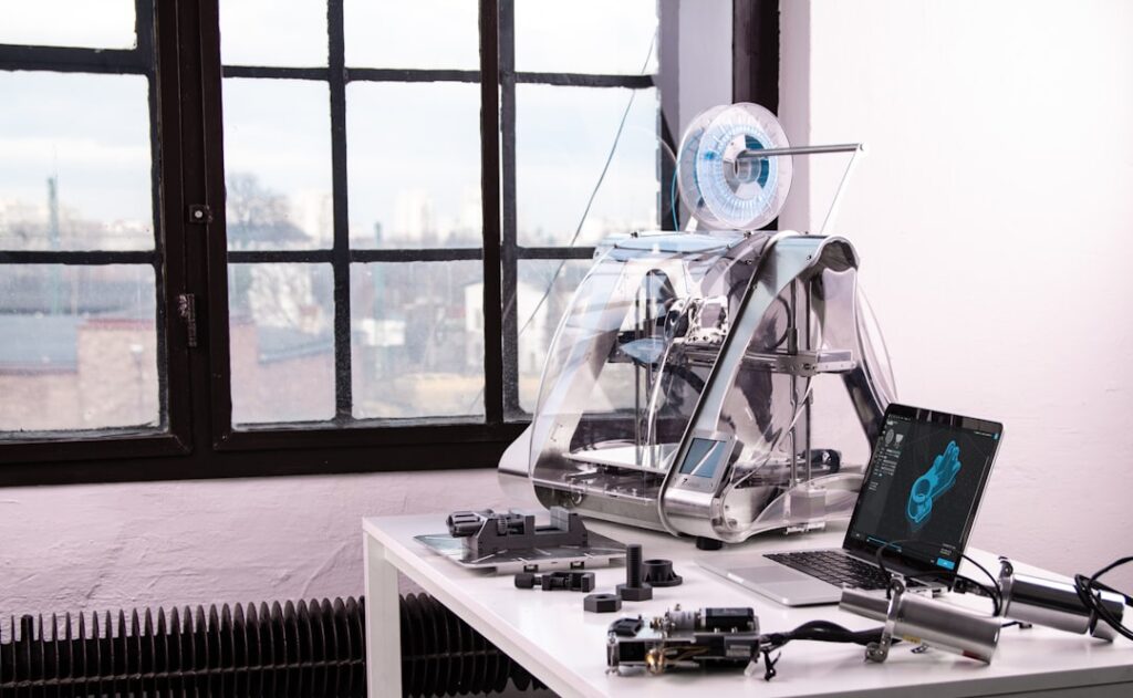 Sleek futuristic robot arm assembling microchip in clean modern office with holographic data visualization and cool blue ambient lighting, human engineer watching with concerned expression