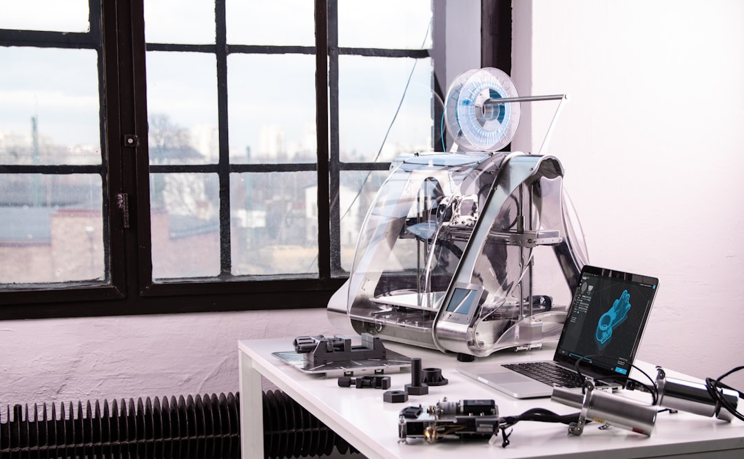 Sleek futuristic robot arm assembling microchip in clean modern office with holographic data visualization and cool blue ambient lighting, human engineer watching with concerned expression