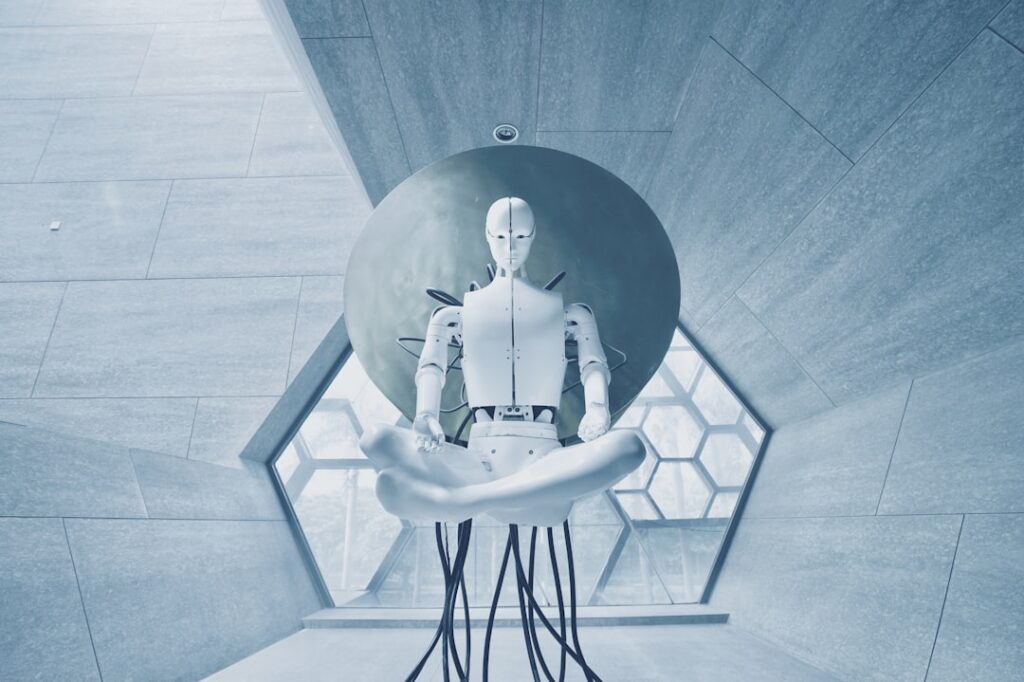 Futuristic autonomous AI agent robot collaborating with professional in sleek modern office, holographic neural network visualization, ambient blue lighting, technology concept