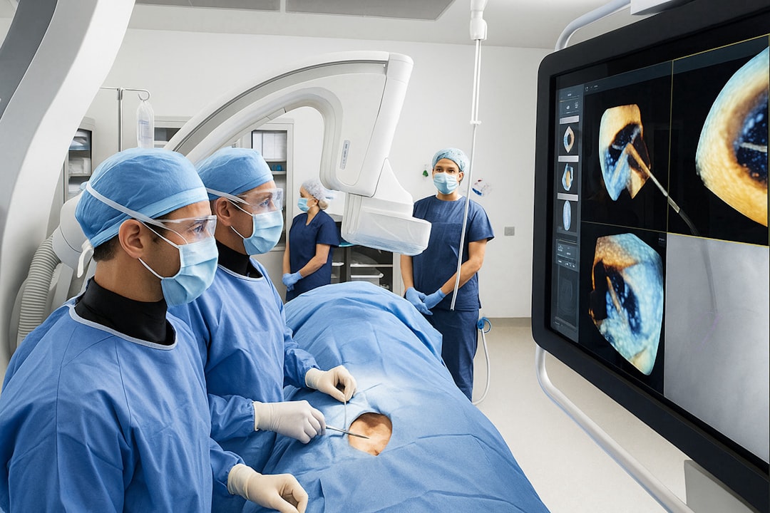Autonomous medical robot and human doctor collaborating in futuristic operating room, holographic patient data floating between them, cool blue and warm amber lighting, sleek sterile environment