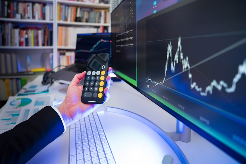Professional investor analyzing holographic AI data visualization in sleek modern office with ambient blue lighting and neural network overlay