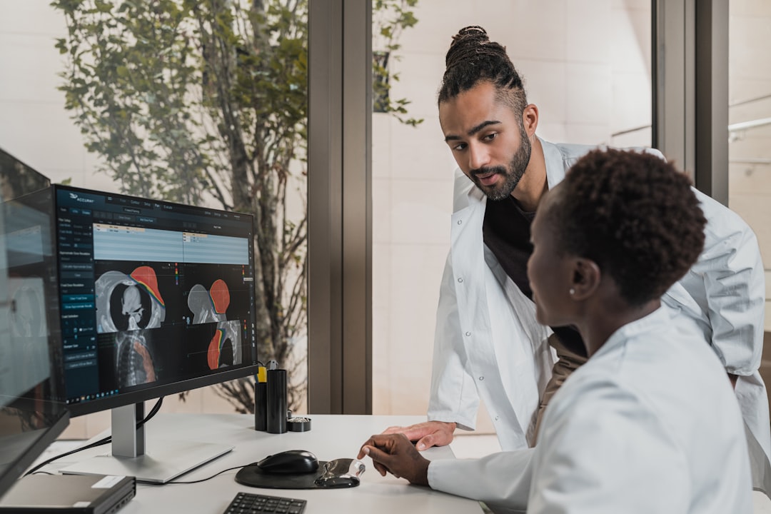 Medical AI dashboard with sustainable growth metrics, professional clinician reviewing holographic neural scan, clean modern hospital setting, balanced warm and cool lighting, real-world monetization 