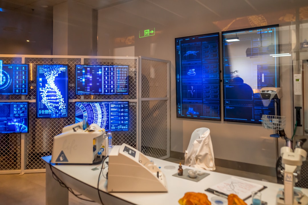 Futuristic bioinformatics lab with holographic DNA helix and neural network visualization, ambient blue lighting, scientist in white coat examining data on transparent screen, sleek modern setting
