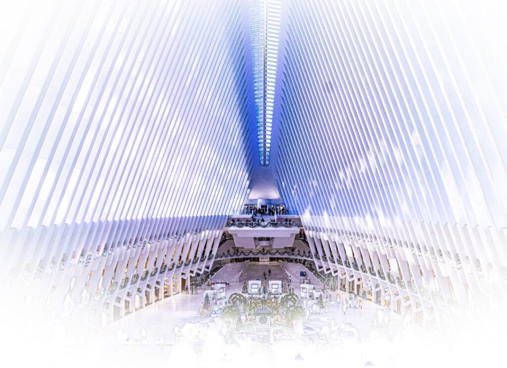 Futuristic New York courthouse interior with holographic legal documents floating above sleek wooden bench, ambient blue lighting, professional robed figure examining neural network visualization on t