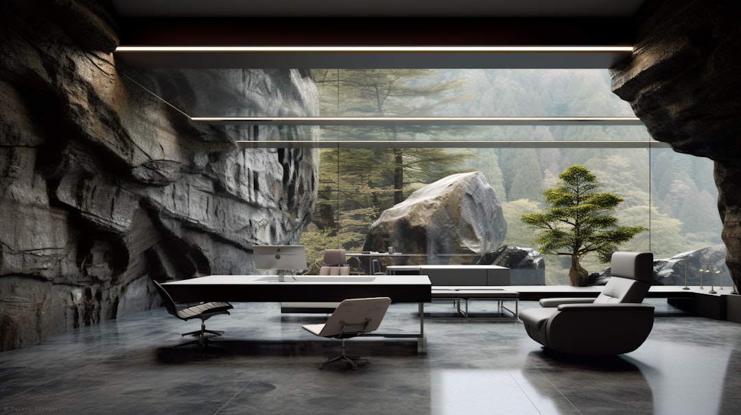 Sleek modern office with holographic generative AI interface floating above glass desk, diverse professional interacting with 3D visualizations, warm futuristic ambient glow