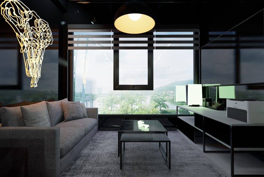 Futuristic holographic display of neural network visualization floating above sleek glass desk in clean modern office with ambient blue lighting