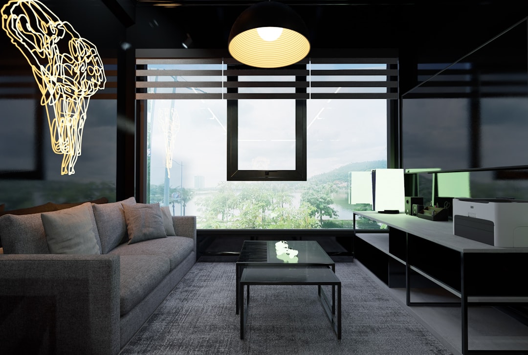 Futuristic holographic display of neural network visualization floating above sleek glass desk in clean modern office with ambient blue lighting