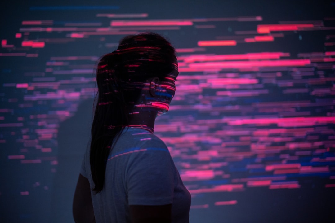 Neural network visualization with dark glitch patterns and fractured data streams, lone professional woman examining biased code on multiple monitors, moody red warning ambient lighting