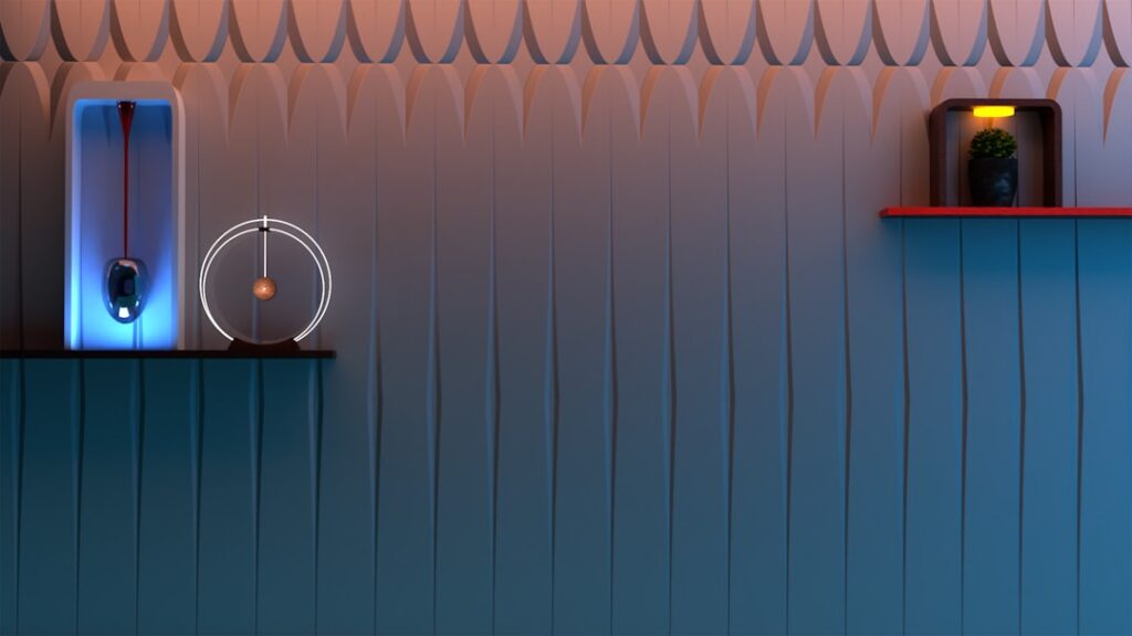 Futuristic AI voice assistant hologram floating above sleek desk in clean modern office with ambient blue lighting and neural network visualization in background