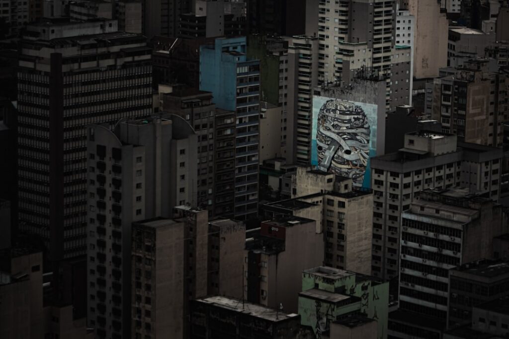 Futuristic Brazilian cityscape with holographic data visualizations and neural network overlays, sleek ambient lighting, professional analyst examining AI metrics on transparent display, clean modern