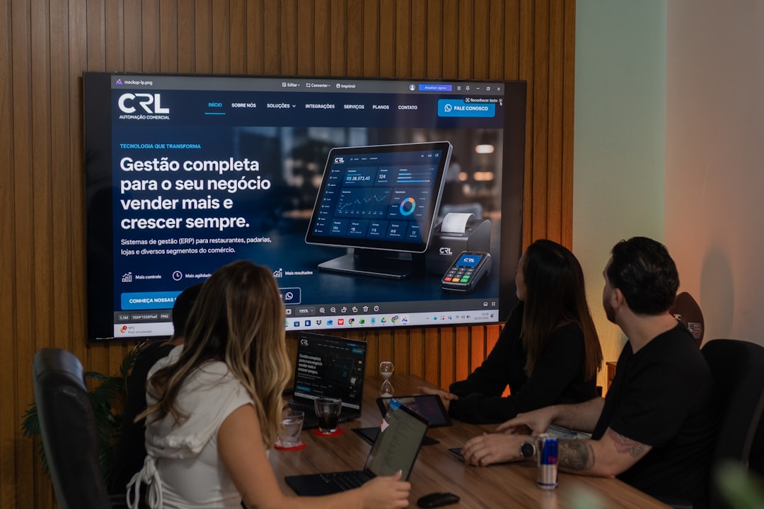 Sleek futuristic Brazilian corporate office with holographic AI interfaces, diverse professionals collaborating with ambient blue lighting and neural network visualizations on glass screens