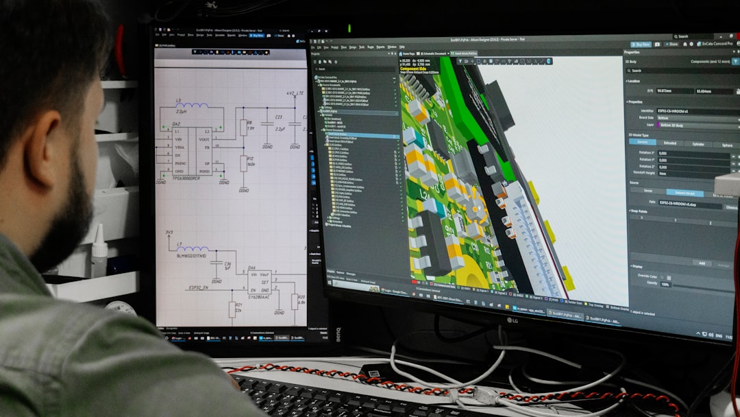 Professional engineer optimizing holographic efficiency dashboard, microchip detail with energy flow visualization, clean modern workspace, futuristic ambient lighting, data-driven sustainability conc