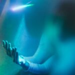 Futuristic humanoid robot hand reaching toward human hand in sleek data center, blue ambient lighting, neural network hologram floating between them, representing evolution from automation to autonomy