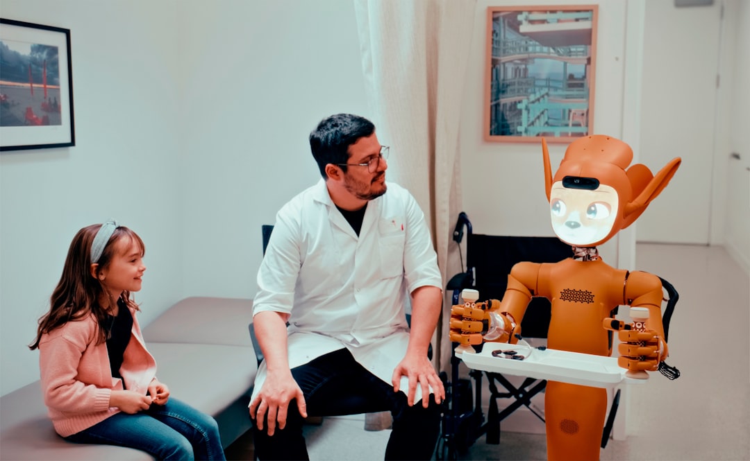 Diverse professionals collaborating with friendly humanoid robot in clean modern office, warm golden ambient lighting, holographic economic graphs floating, AI ethics balance visual, hopeful futuristi