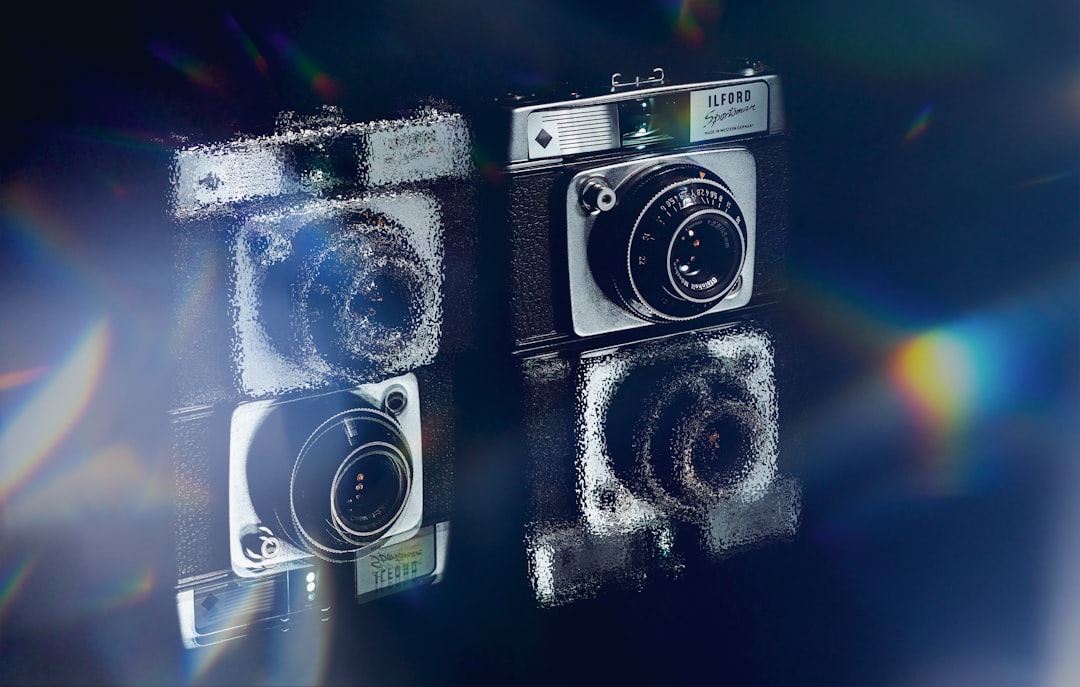 Split-screen comparison of vintage CCTV camera transitioning to futuristic AI surveillance camera, sleek metallic design, holographic data overlay, cool blue ambient lighting, professional tech editor
