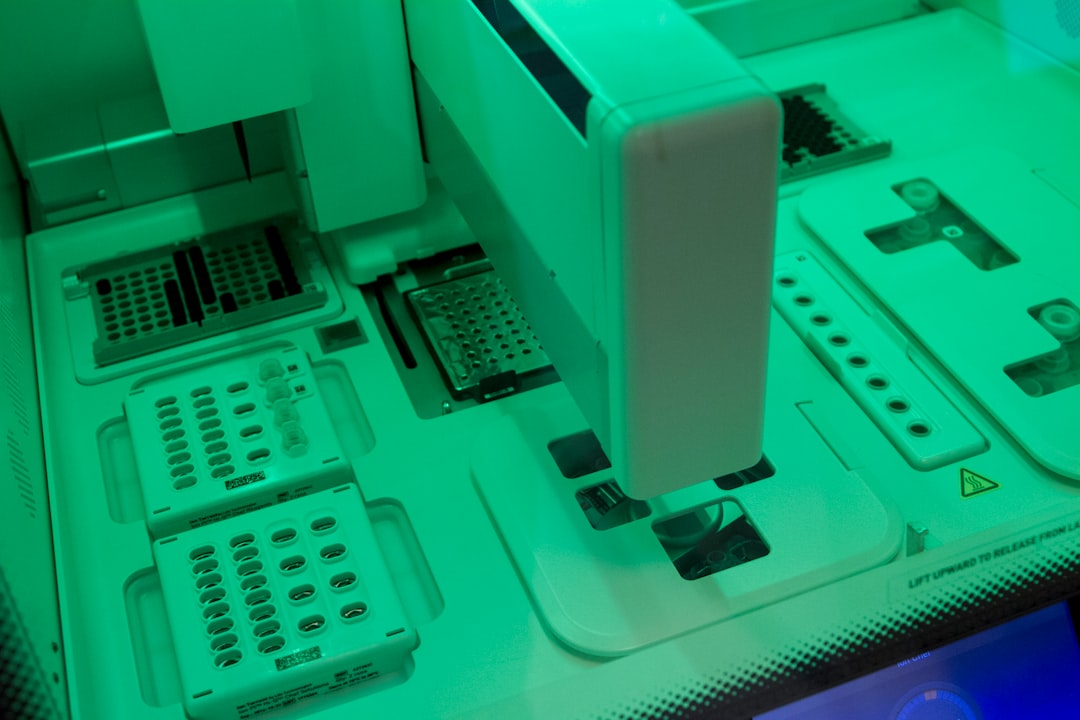 Futuristic medical lab with holographic DNA strands floating above sleek workstation, doctor interacting with neural network visualization, cool blue ambient lighting, clean modern office