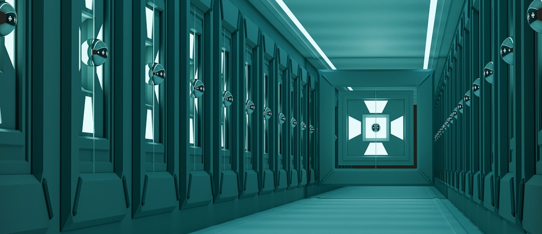 Futuristic GPU server room with blue ambient lighting, rows of sleek black racks, holographic neural network visualization floating above, technician in clean modern workspace, Manaus tropical exterio