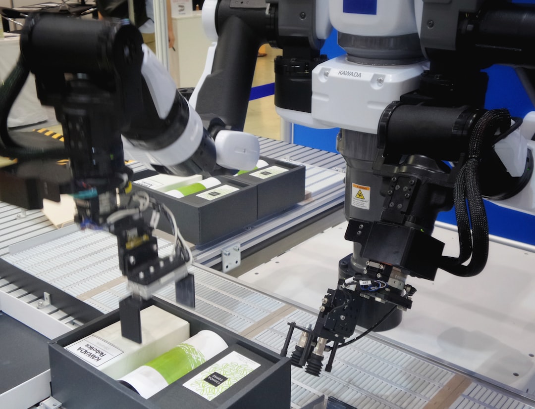 Autonomous robot arm collaborating with professional engineer at holographic dashboard, clean modern office, cool blue ambient lighting, server room bokeh, sleek futuristic enterprise transformation s