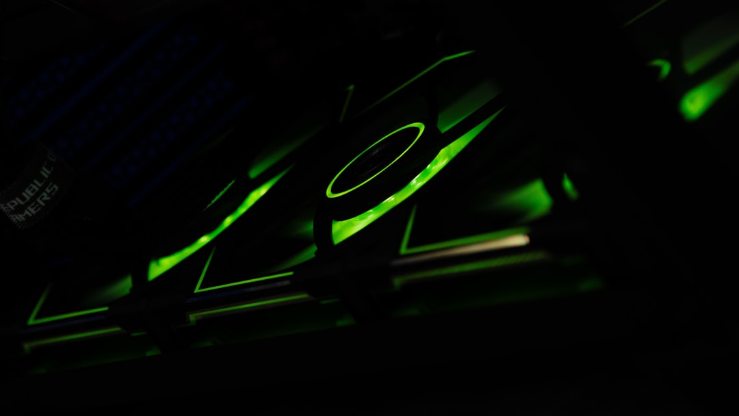 Massive GPU server rack with dramatic green and blue LED lighting, floating holographic Bitcoin symbol and cost metrics, futuristic data center, sleek industrial design, professional tech atmosphere