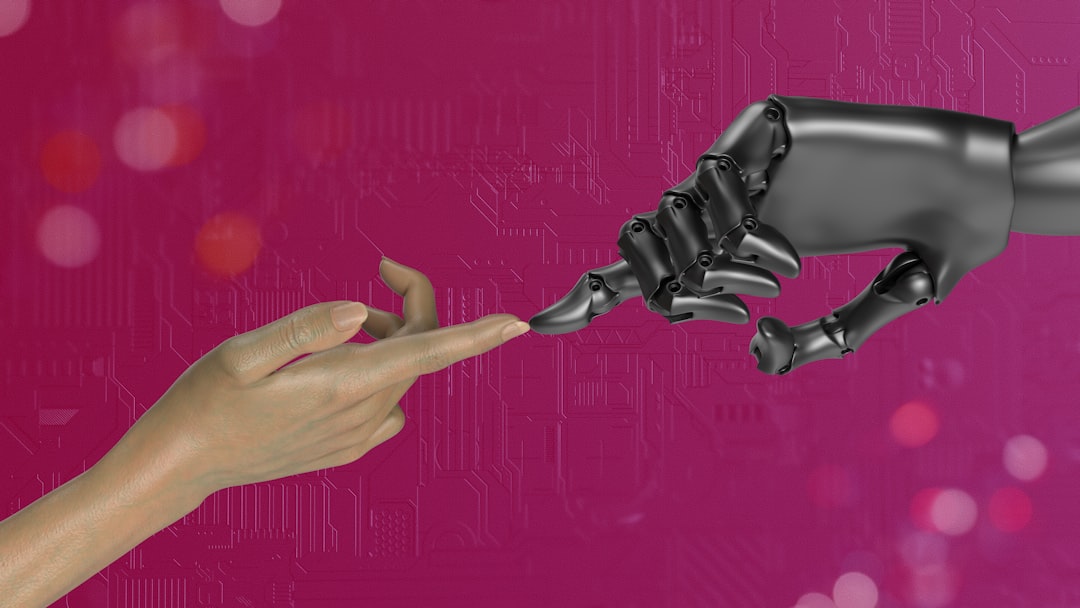 Split-screen AI ethics concept: robotic hand reaching toward human hand across digital divide, cybersecurity dashboard reflections, moody dramatic lighting, technical complexity visual metaphor