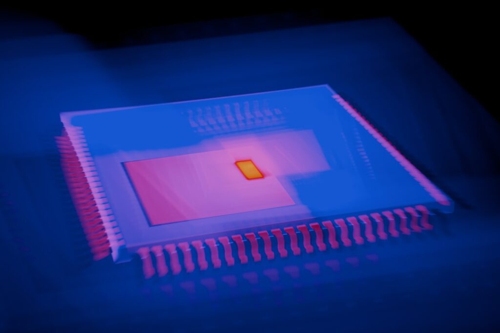 Close-up of glowing GPU microchip with holographic neural network overlay, cool blue ambient lighting, futuristic data center background, professional tech photography, sleek aesthetic