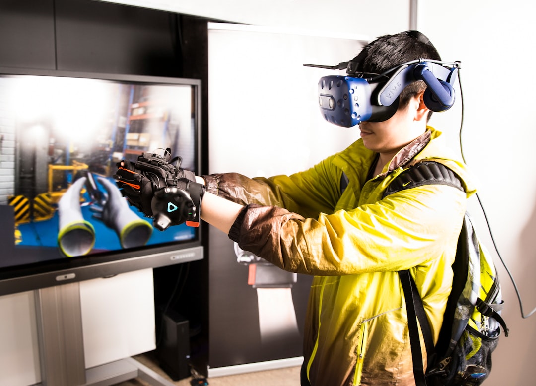 Industrial metaverse concept with worker wearing AR headset interacting with holographic robotic arm, futuristic factory setting, purple and blue neon lighting, digital twin visualization overlay