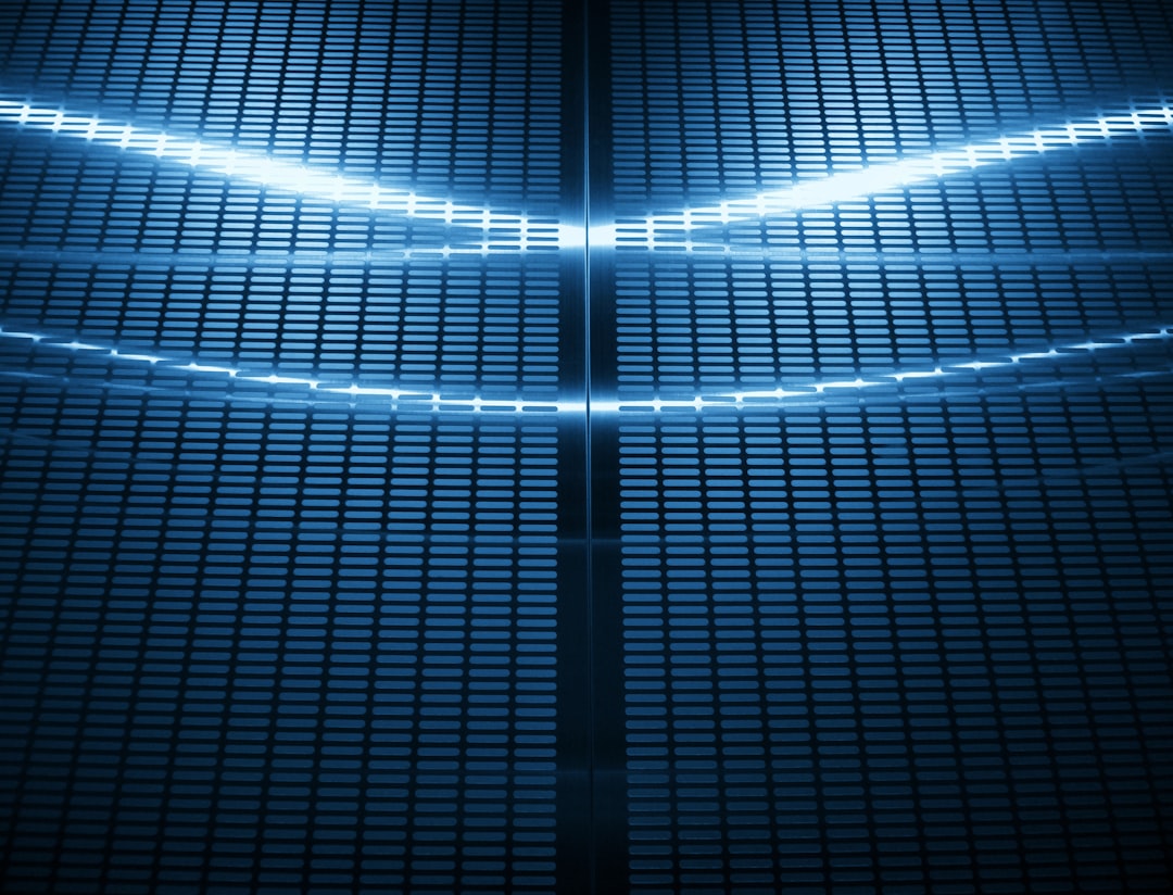 Futuristic data center with glowing blue server racks, holographic global capital flow visualization, professional ambient lighting, sleek modern tech environment