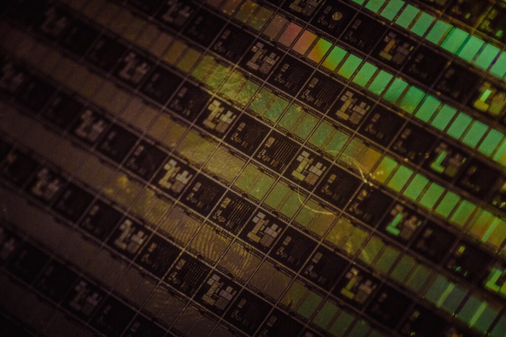 Futuristic dark data center with holographic stock charts crashing, single glowing AI chip ascending amid neural network visualization, dramatic ambient blue lighting, sleek professional tech aestheti