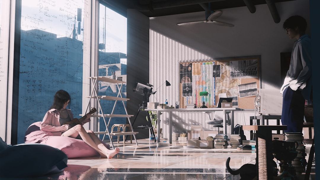 Artist and humanoid robot working together on large digital canvas, golden hour light through floor-to-ceiling windows, holographic color palette floating between them, hopeful futuristic creative wor