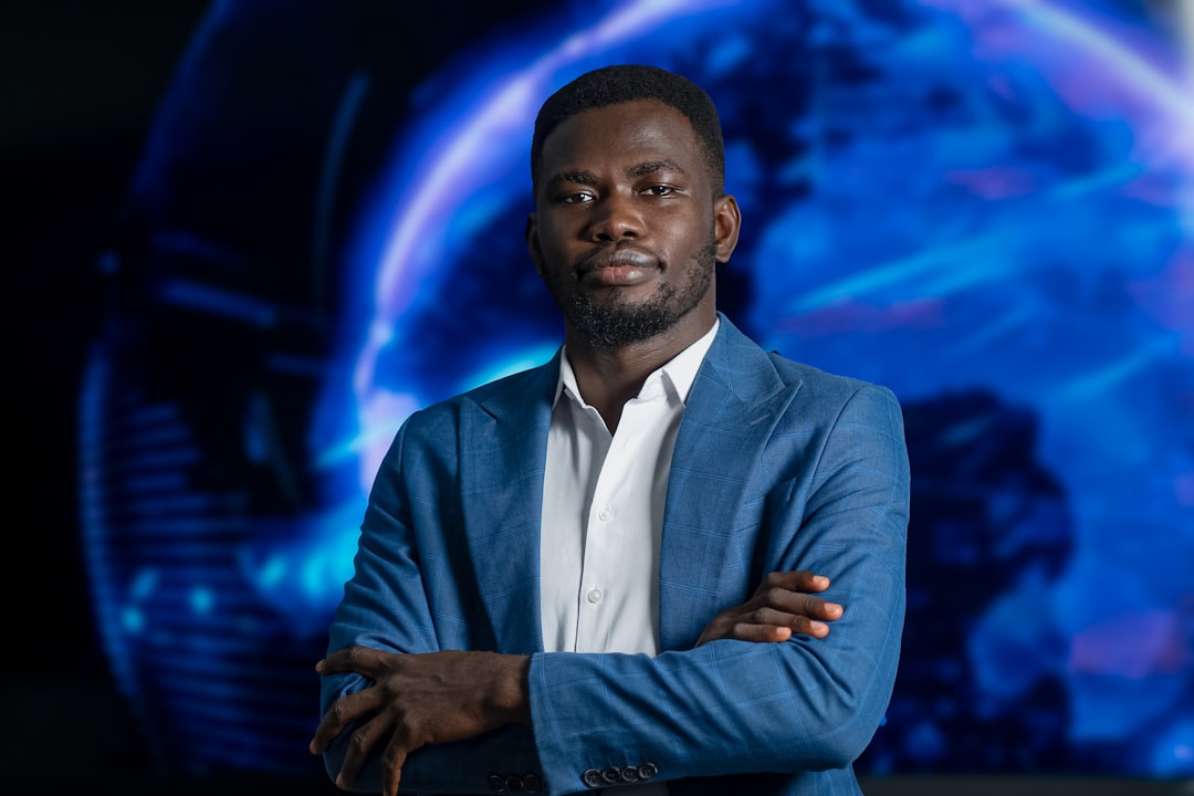 Close-up of African government official examining neural network hologram, clean modern office, cybersecurity dashboard reflections, professional attire, cool ambient lighting, policy and technology m