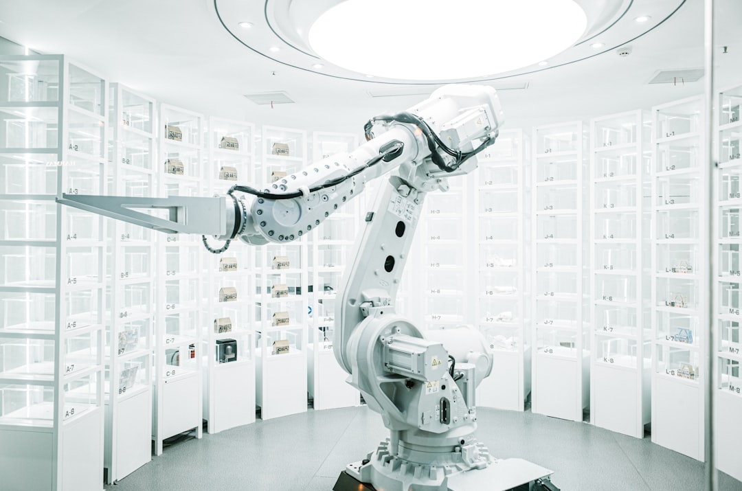 Medical AI robot arm assisting surgeon in pristine operating room, holographic patient data display, clean modern hospital setting, soft clinical lighting with blue accent glow, human-robot collaborat