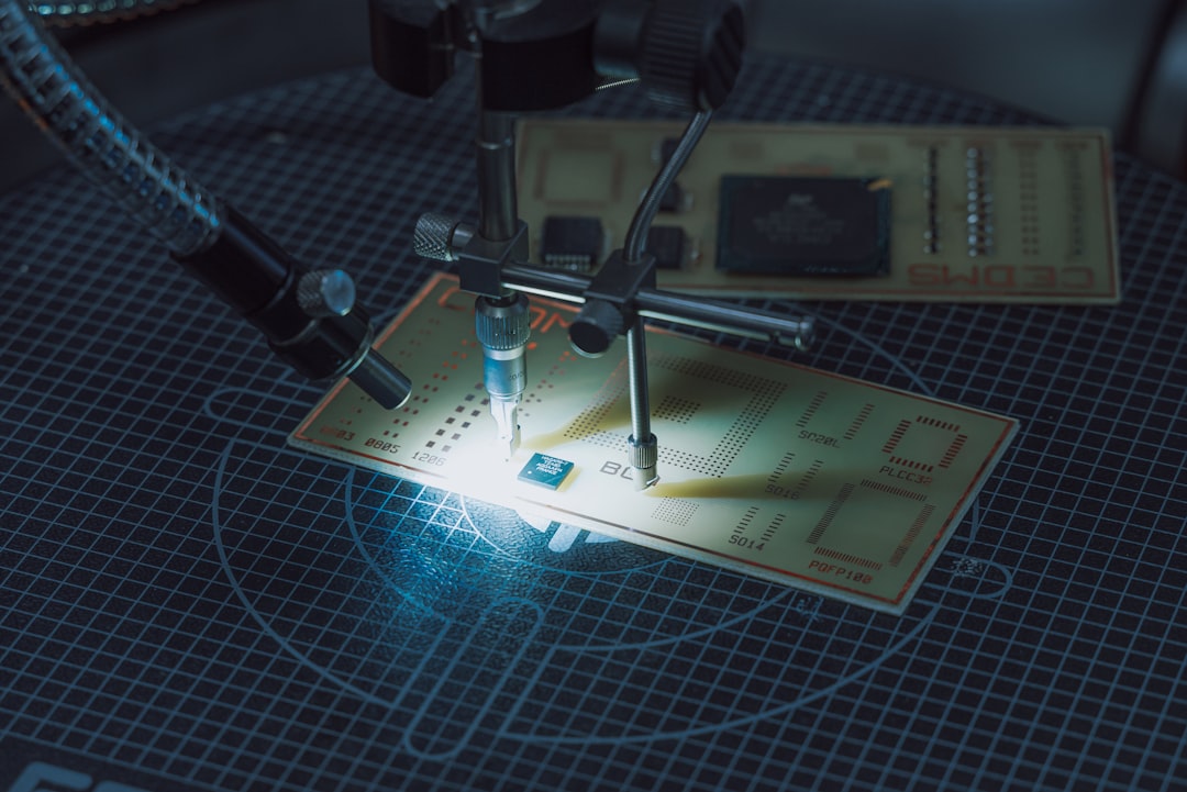 Close-up of advanced microchip with neural network light traces, professional robotic arm assembling future tech, sleek metallic surfaces, ambient purple and cyan lighting, AI ethics concept with huma