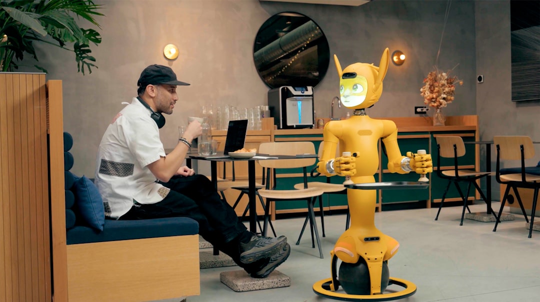 Human-robot collaboration in sleek laboratory, autonomous agent with glowing neural network visualization, professional monitoring holographic dashboard, cool blue-green lighting, complex machinery, r