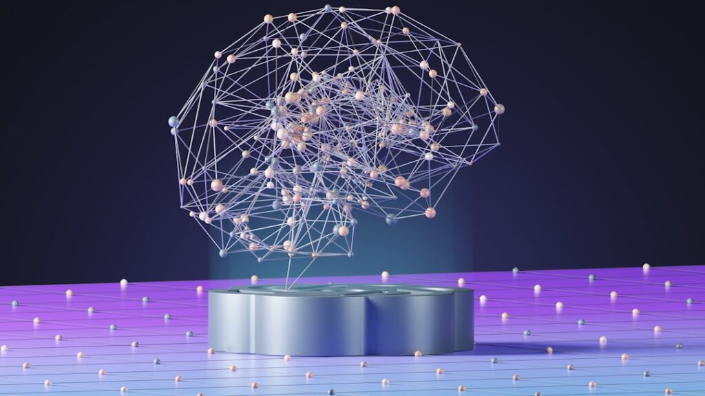 Futuristic AI model birth visualization with glowing neural network nodes emerging from dark background, holographic data streams, sleek ambient cyan lighting, professional tech laboratory setting