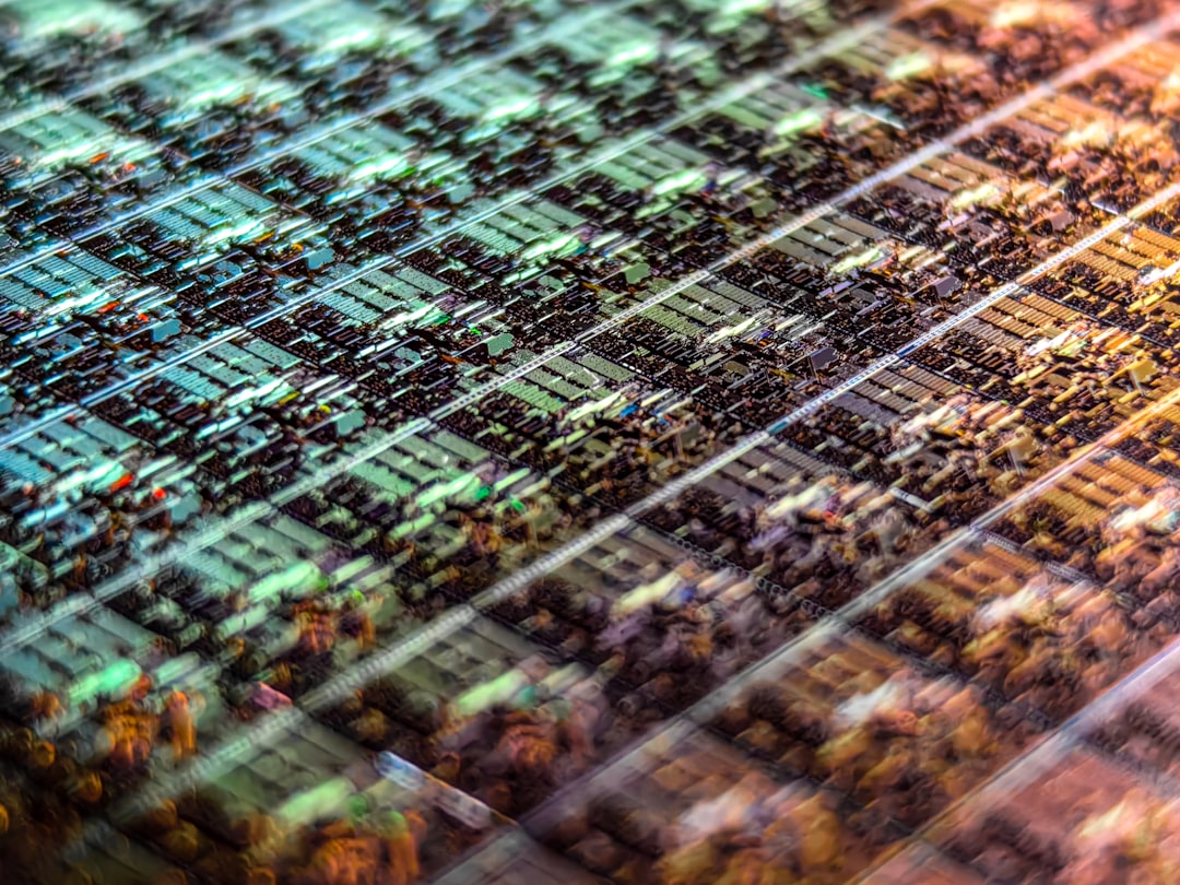Microscopic view of secure AI chip architecture, holographic code matrix surrounding silicon neural processor, ambient golden and blue lighting, clean laboratory setting, professional engineer hands a