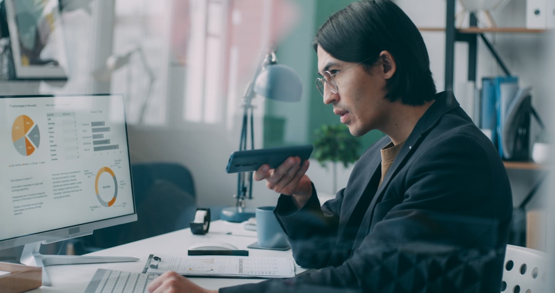 Professional cybersecurity dashboard with glowing governance metrics on multiple curved monitors, a confident woman in minimalist attire reviewing data protocols, clean modern office with soft ambient