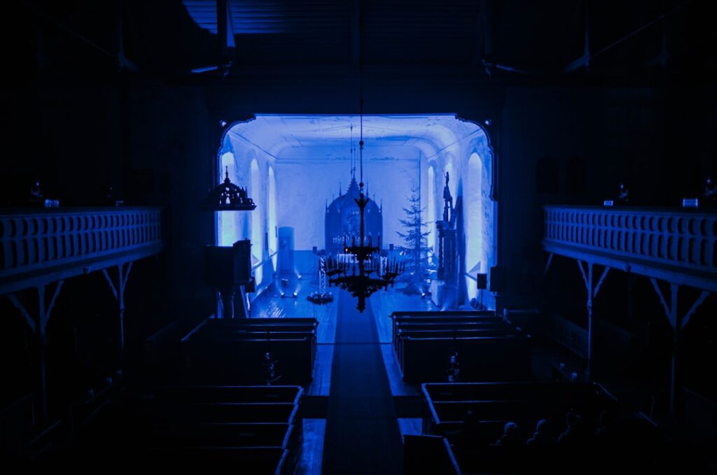 Futuristic church interior with holographic Bible projection, ambient blue lighting, pastor using sleek tablet, neural network visualization overlay, professional tech setting, human faith meets AI