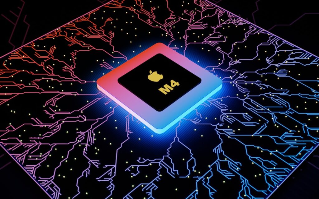Close-up of sleek Apple silicon microchip with glowing neural network pathways, ambient blue lighting, futuristic data center background, professional tech photography