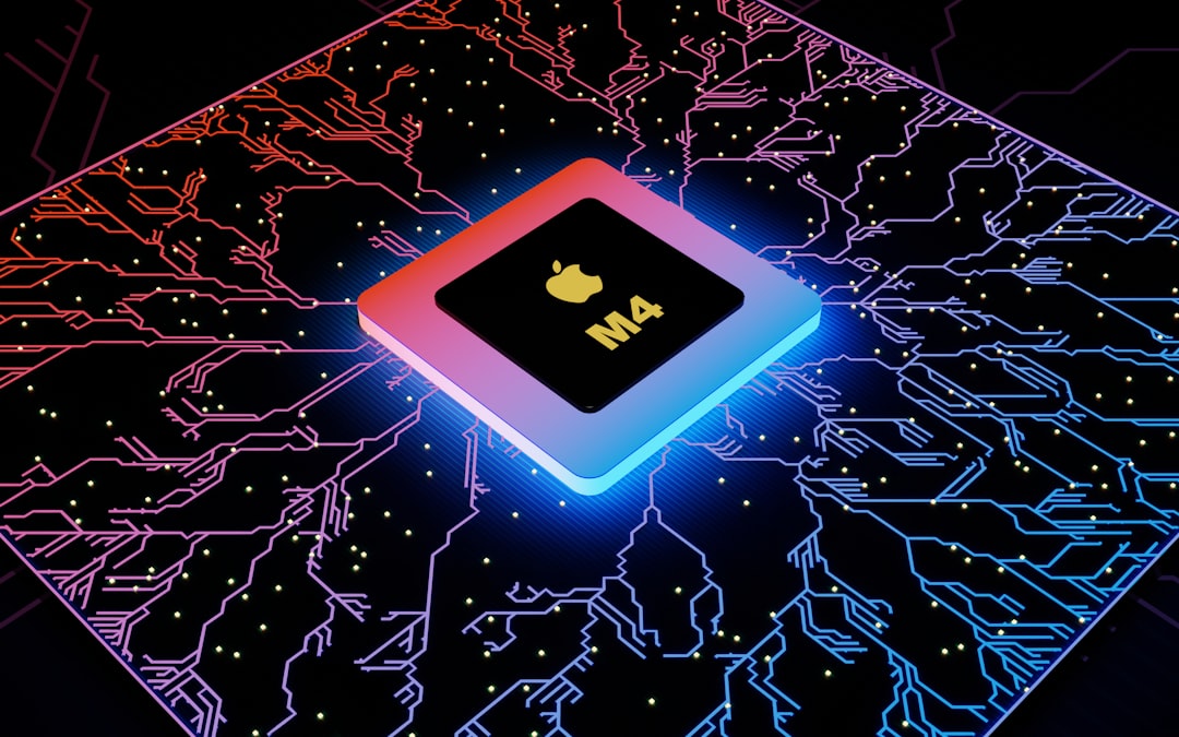 Close-up of sleek Apple silicon microchip with glowing neural network pathways, ambient blue lighting, futuristic data center background, professional tech photography