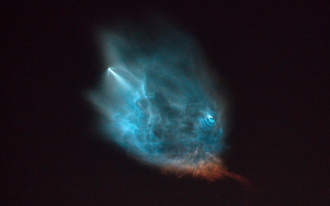 Close-up of advanced SpaceX-style rocket engine with holographic AI diagnostic overlay, microchip detail, cool blue and orange lighting, high-tech manufacturing facility