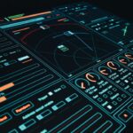 Futuristic cybersecurity dashboard with holographic neural network visualization, blue ambient lighting, professional analyst silhouette, data center background, sleek interface detecting fraud patter