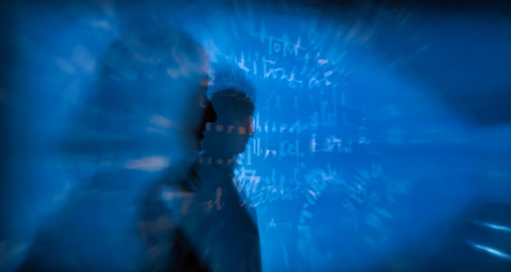 Close-up of scientist hands gesturing holographic neural network visualization above sleek spectrometer, deep blue ambient lighting, clean modern laboratory, futuristic data overlays, professional tec