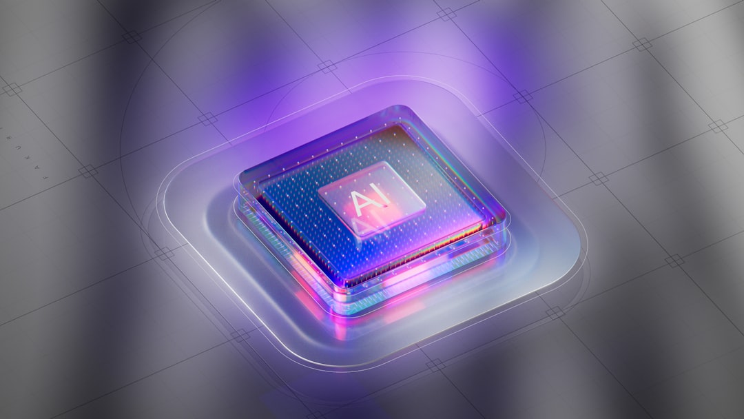 Futuristic AI chip glowing with neural network hologram floating above, sleek dark background with ambient blue and purple lighting, professional tech aesthetic