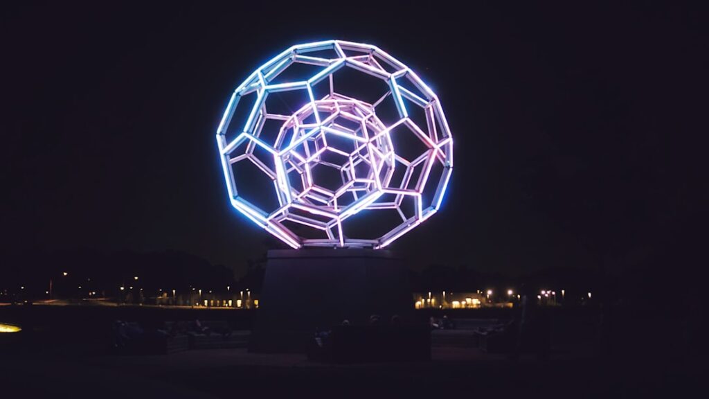 Futuristic soccer referee wearing AR smart glasses with holographic VAR overlay, sleek stadium lighting, neural network data visualization floating in air, professional sports tech aesthetic, ambient