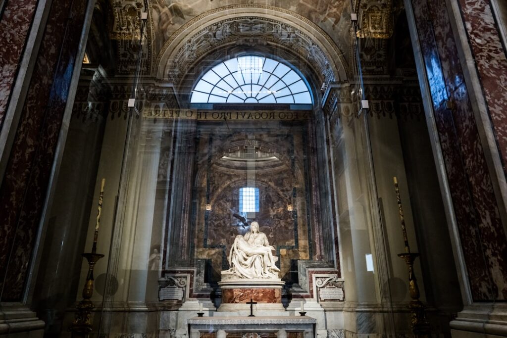 Pope silhouette viewing holographic AI neural network projection in futuristic Vatican chapel, blue ambient lighting, sacred geometry meets data visualization, contemplative mood