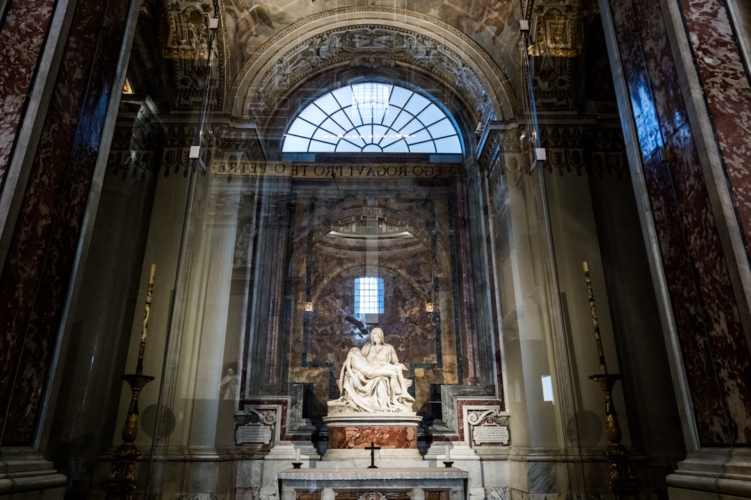 Pope silhouette viewing holographic AI neural network projection in futuristic Vatican chapel, blue ambient lighting, sacred geometry meets data visualization, contemplative mood