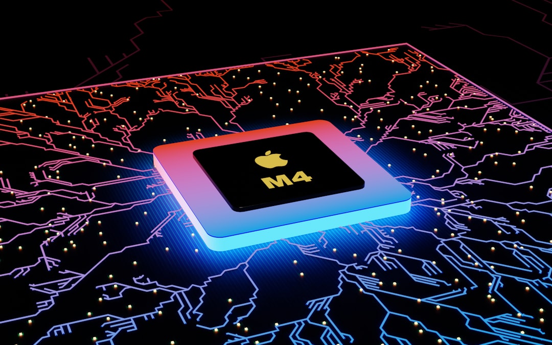 Macro photography of Apple silicon microchip with iridescent circuit patterns, holographic data streams connecting hardware and software layers, clean white laboratory environment, professional ambien
