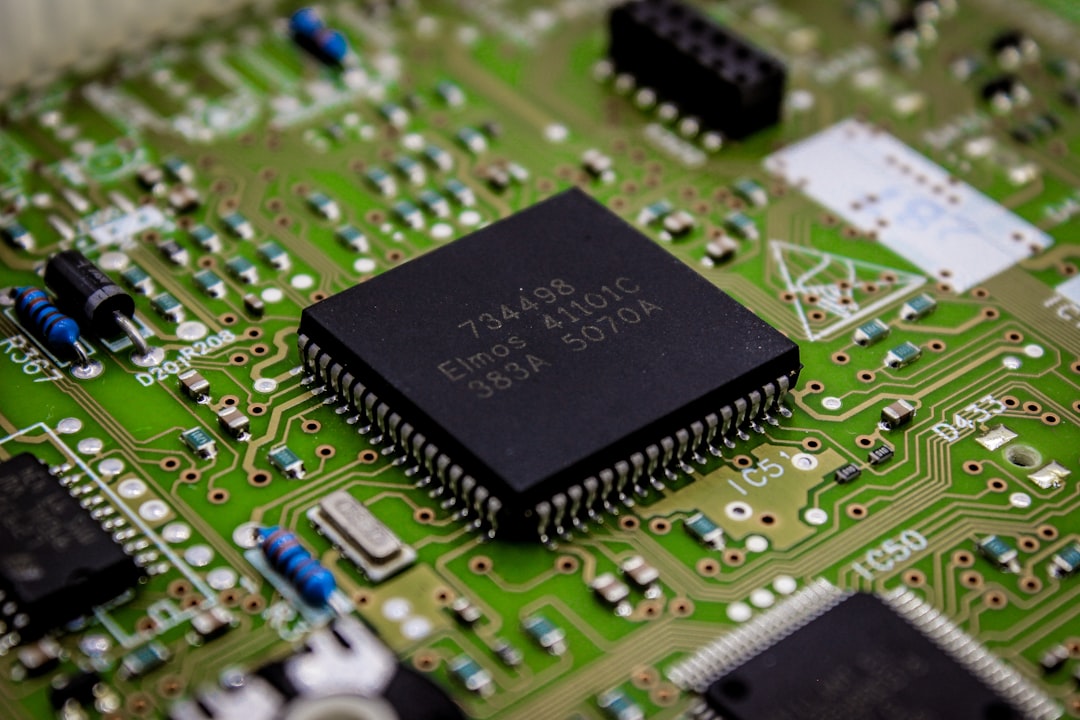 Close-up of microchip detail merging with satellite hardware, hands of engineer calibrating antenna array, dramatic server room lighting, technical challenge concept, sleek professional atmosphere, da