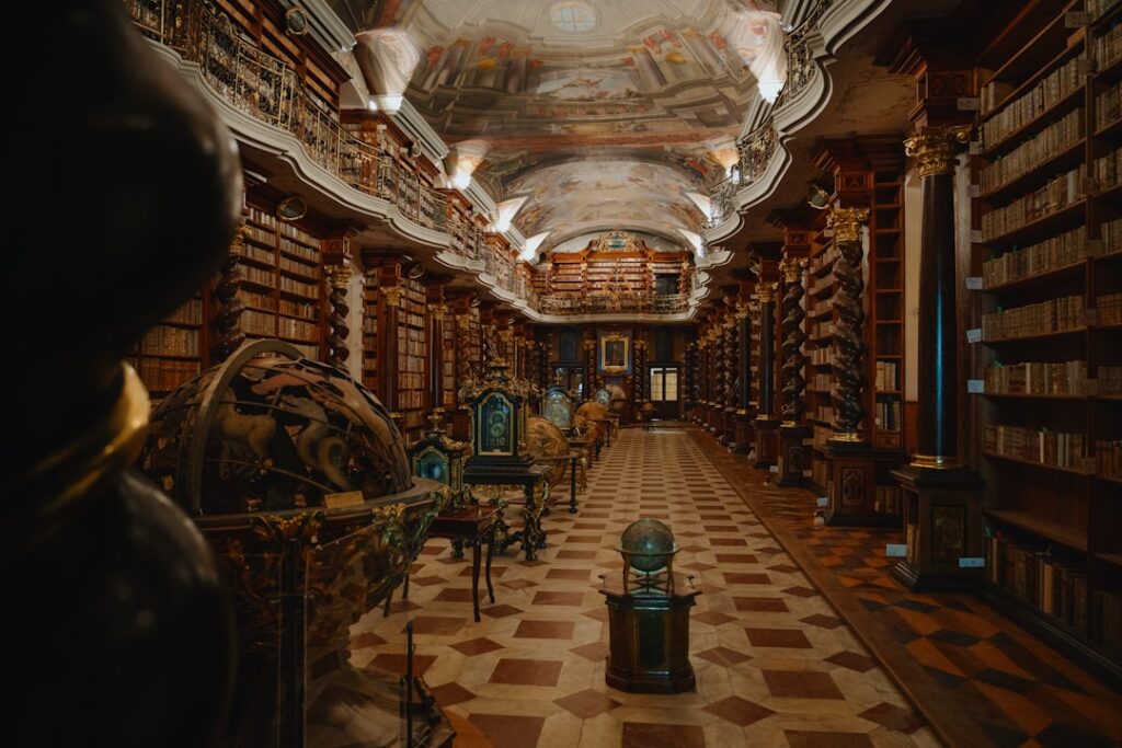 Ancient Vatican library with illuminated manuscripts merging with holographic AI neural network projections, warm golden ambient lighting, scholarly figure in modern tech attire, cinematic depth of fi