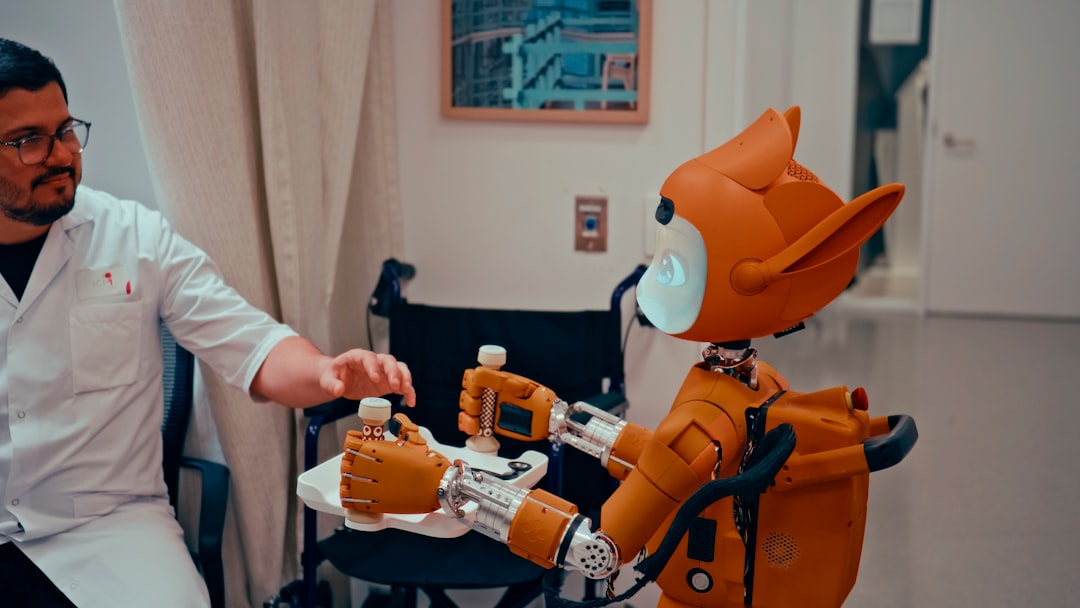 Medical AI or urban microchip detail merged with community scene, professional people in modern city environment, warm golden hour lighting, abstract data streams, hopeful beyond-hype human impact atm